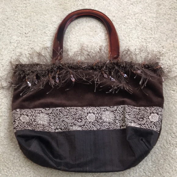 Brown Fabric Purse w/ Tortoise Handles - Picture 2 of 6